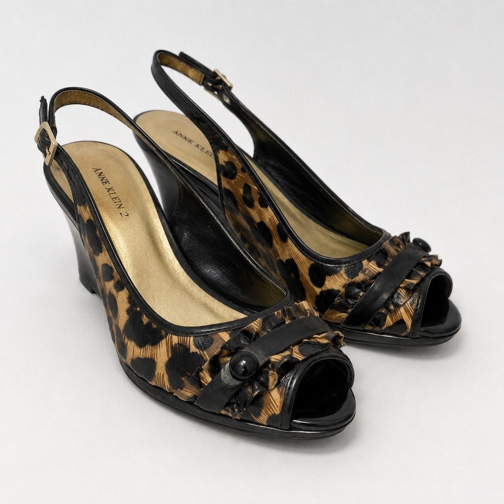 Anne Klein 2 Akedyta Leopard Print Slingback Peep Toe Heels Brown Black 8M
